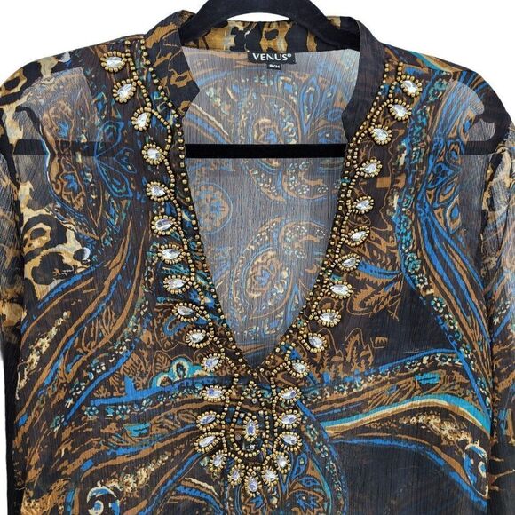 Venus Dress Sheer Peasant Resort Beaded V Mini Tunic Kaftan Paisley Brown Sz S/M - Picture 4 of 14